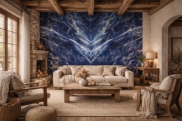 Rustykalny salon z ozdobną ścianą bookmatch ze spieku Marazzi Marble Look Sodalite Blu