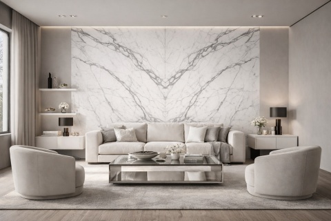 Nowoczesny salon w stylu neo z ozdobną ścianą ze spieku Marazzi Statuario.