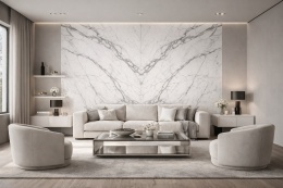 Nowoczesny salon w stylu neo z ozdobną ścianą ze spieku Marazzi Statuario.