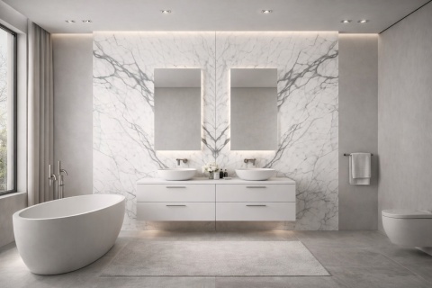 Nowoczesna łazienka z dekoracyjną ścianą bookmatch ze spieku Marazzi Marble Look Statuario.