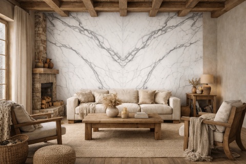 Elegancki salon z dekoracyjną ścianą bookmatch ze spieku Marazzi Marble Look Statuario.