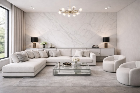 Salon z subtelną ścianą ze spieku Marazzi Marble Look Statuario z delikatnym szarym użyleniem.