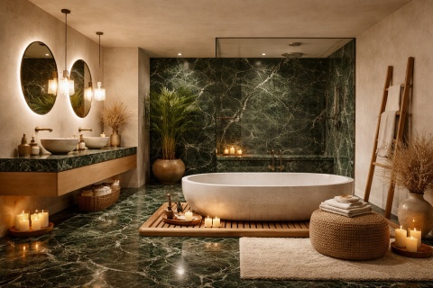 Łazienka w stylu spa z Marazzi Verde Aver – zielone marmurowe ściany i podłoga z wyrazistym użyleniem