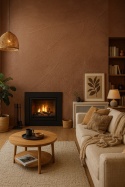 Nowoczesny salon z kominkiem, spiek wielkoformatowy w ciepłym brązie, przytulne dodatki i zamieszkany charakter.