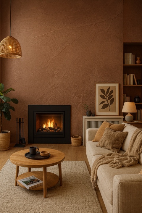 Nowoczesny salon z kominkiem, spiek wielkoformatowy w ciepłym brązie, przytulne dodatki i zamieszkany charakter.