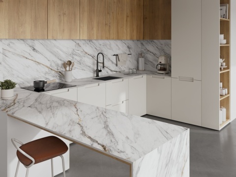 Neolith Azure Silk 12 mm – blat i wyspa kuchenna z jasnego spieku inspirowanego marmurem