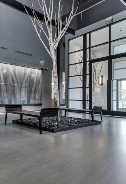 Wnętrze komercyjne z płytkami Neolith Basalt Grey w dużym formacie