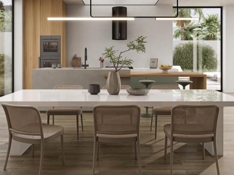 Neolith Lux Decor Polished 6 mm – jednolity biały spiek kwarcowy na stole w nowoczesnej kuchni z jadalnią