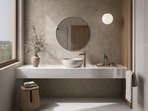 Neolith Lux Decor Polished 6 mm – biała, polerowana okładzina ścienna w nowoczesnej, minimalistycznej łazience