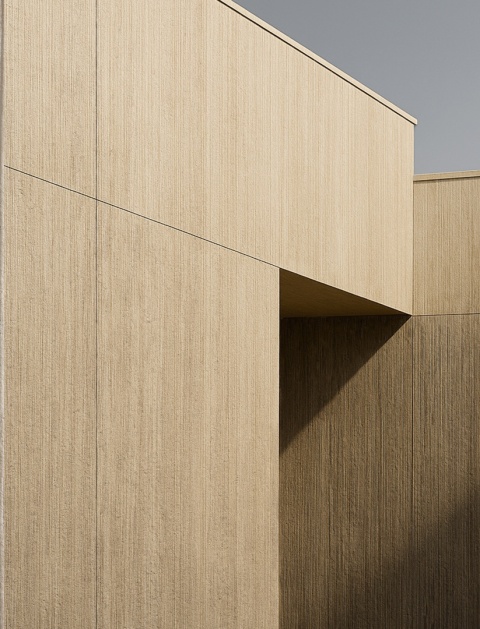 Elewacja wykończona spiekiem Neolith Serpeggiante w jasnej, kremowo-beżowej kolorystyce