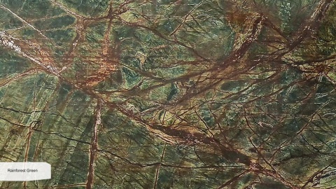 Marmur Rainforest Green 20 mm z Indii – zielona płyta z brązowym użyleniem, poler lub skórzana.