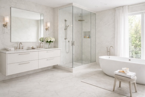 Łazienka wykończona spiekiem w chłodnym kremie z delikatnymi szarymi mikrożyłkami o niskim kontraście