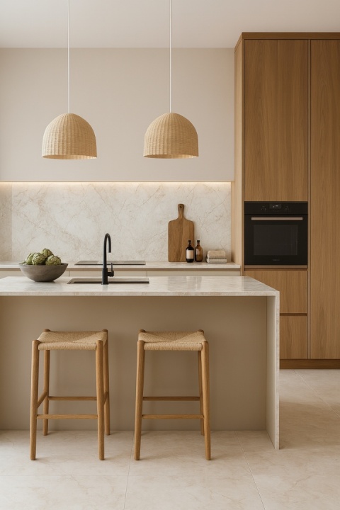 Nowoczesna kuchnia z jasnym marmurem i beżowym użyleniem, drewnianymi frontami, wyspą, rattanowymi lampami i czarną armaturą.