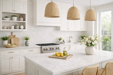 Kuchnia z meblami ecru i spiekiem w chłodnym kremie z subtelnymi szarawymi żyłkami i miękkim rysunkiem