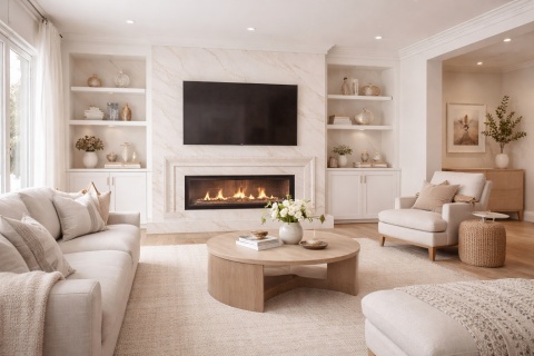 Salon z kominkiem obudowanym spiekiem Keena w jasnym kremowo-białym odcieniu z subtelnym użyleniem