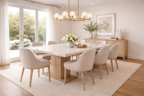 Jadalnia ze stołem ze spieku Keena w kremowo-białym kolorze z miękkim beżowo-szarym użyleniem