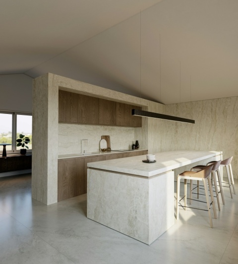 Nowoczesna kuchnia z wyspą i ścianami wykończonymi Dekton Nara velvet