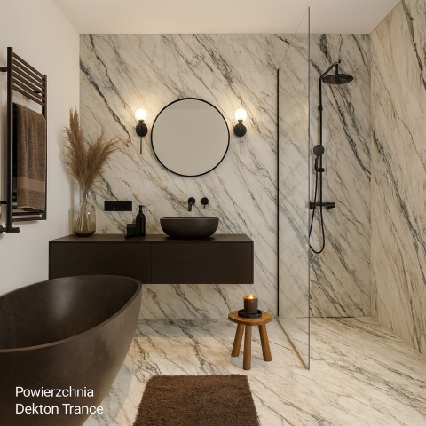 łazienka z płytą dekoracyjną Dekton Trance- przytulna, nowoczesna przestrzeń z ciemnymi dodatkami i ciepłym oświetleniem.