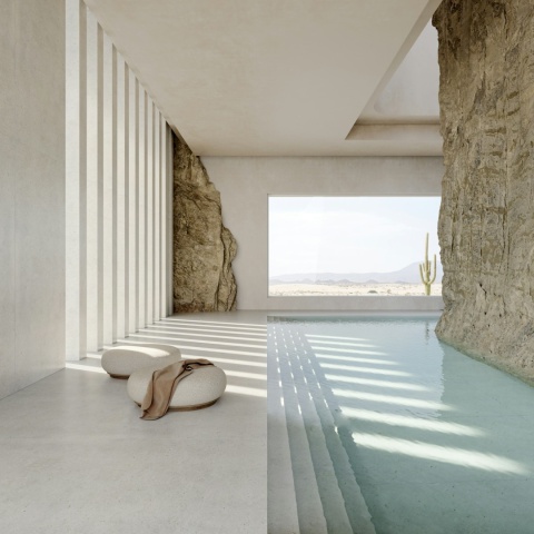 Strefa spa z basenem wykończona Dekton Polar w jasnej, naturalnej tonacji