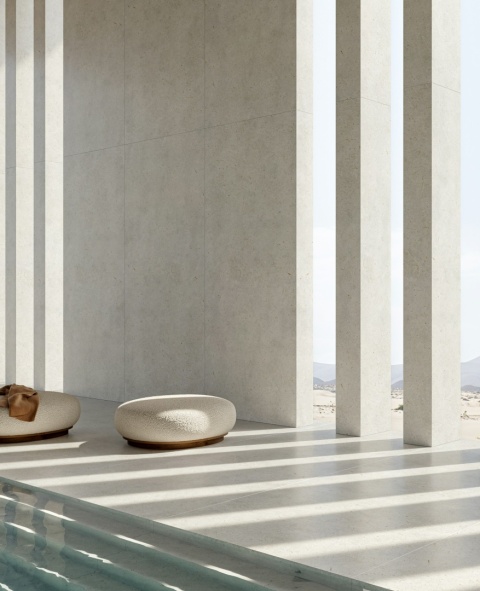 Minimalistyczna przestrzeń spa w Dekton Polar o delikatnym, wapiennym rysunku