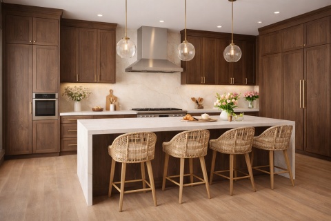 Kuchnia z wyspą z Dekton Thala w kremowo-beżowym odcieniu, ciemne drewniane meble i wiosenne dodatki