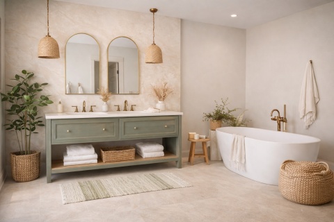 Łazienka boho z dekoracyjną ścianą z Dekton Thala w kremowo-beżowym odcieniu i zielonymi akcentami