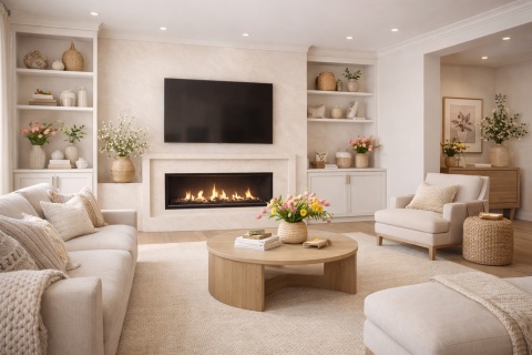 Salon boho z kominkiem w Dekton Thala, jasna kremowo-beżowa ściana i wiosenne dekoracje