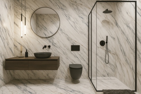 Łazienka ze spieku Dekton Onirika Trance KC, w stylu naturalnym z dodatkami z drewna, ceramiki i ciepłym oświetleniem.