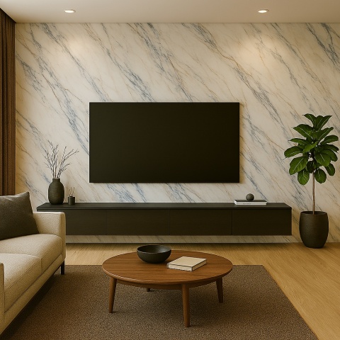 Salon z jasną ścianą RTV z Dekton Trance, błękitno-szaro-beżowe użyłkowanie, drewniana podłoga, ciemne dodatki.