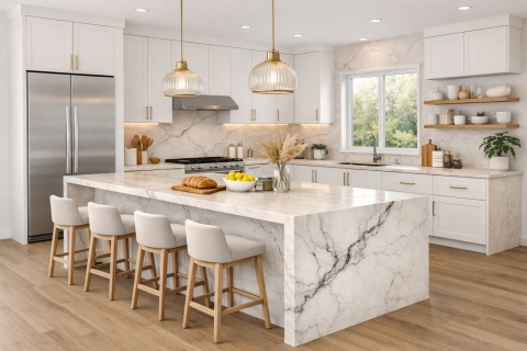 Wizualizacja nowoczesnej łazienki z blatem wykonanym z błyszczącego materiału ĒCLOS Luxr Wondr o grubości 20 mm.