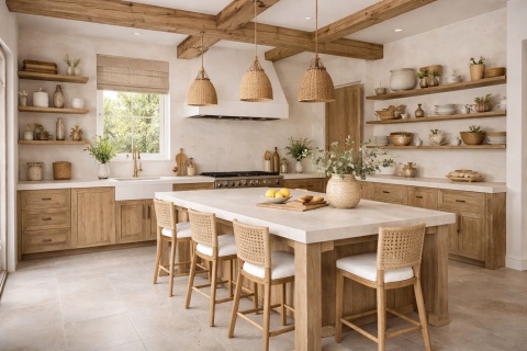 Rustykalna kuchnia z wyspą w Laminam Blend Avorio i naturalnym drewnem