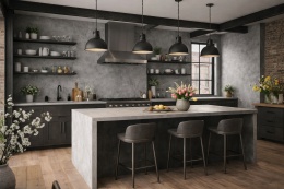 Loftowa kuchnia z wyspą w Laminam Blend Grigio i wiosennymi dodatkami