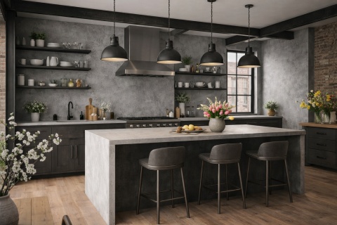 Loftowa kuchnia z wyspą w Laminam Blend Grigio i wiosennymi dodatkami