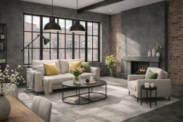 Salon w stylu loft z Laminam Blend Nero na ścianie i jasnymi, wiosennymi dodatkami