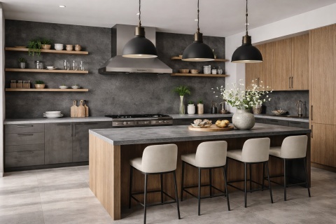 Nowoczesna kuchnia z wyspą w Laminam Calce Antracite i drewnianą zabudową