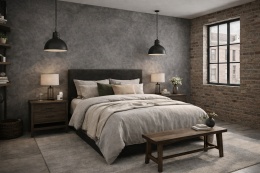 Sypialnia w stylu soft industrial z dekoracyjną ścianą z Laminam Calce Antracite i cegłą