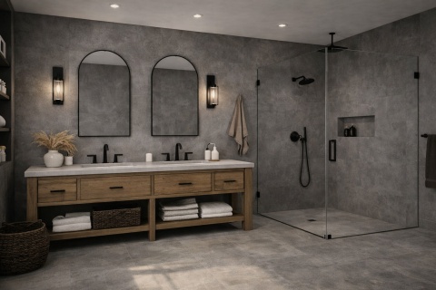 Łazienka z prysznicem bez okna w Laminam Calce Antracite i czarną armaturą