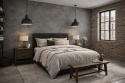 Sypialnia w stylu soft industrial z dekoracyjną ścianą z Laminam Calce Antracite i cegłą