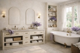 Łazienka w stylu prowansalskim z Laminam Calce Avorio i fioletowymi dodatkami