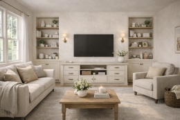 Salon z zabudową RTV w Laminam Calce Avorio w jasnym, kremowym odcieniu