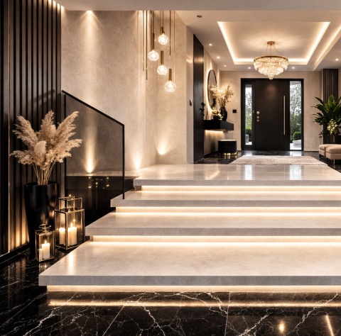 Nowoczesne schody ze spieku Laminam Calce Bianco prowadzące do eleganckiego holu z czarną podłogą.