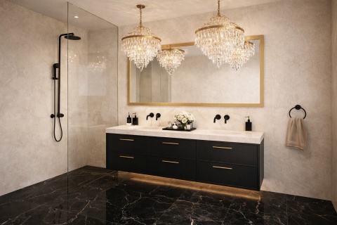 Łazienka glamour ze ścianami ze spieku Laminam Calce Bianco, czarną posadzką i czarną armaturą.