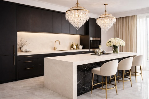 Nowoczesna kuchnia glamour z blatami ze spieku Laminam Calce Bianco i czarną zabudową meblową.