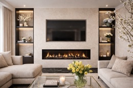 Nowoczesny kominek w salonie wykończony spiekiem Laminam Calce Bianco z dekoracyjnymi półkami.