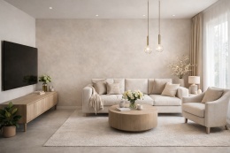 Salon z dekoracyjną ścianą ze spieku Laminam Calce w jasnym ciepłym odcieniu greige