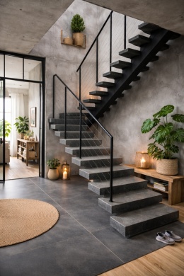 Nowoczesne schody loftowe wykonane ze spieku Laminam Calce Nero z metalową balustradą