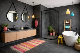 Łazienka loftowa ze spiekiem Laminam Calce Nero na ścianach i podłodze z kolorowymi dodatkami