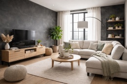 Salon loftowy z dekoracyjną ścianą ze spieku Laminam Calce Nero i jasnymi dodatkami