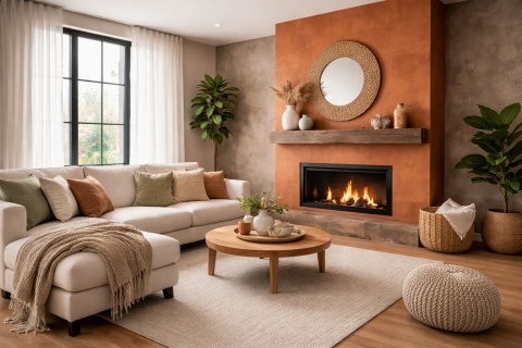 Salon z kominkiem wykończonym spiekiem Laminam Calce Terracotta w ciepłym rdzawym kolorze w przytulnej aranżacji