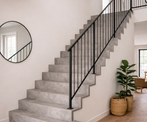 Schody wykonane ze spieku Laminam Calce Tortora prowadzące do holu w nowoczesnym jasnym wnętrzu